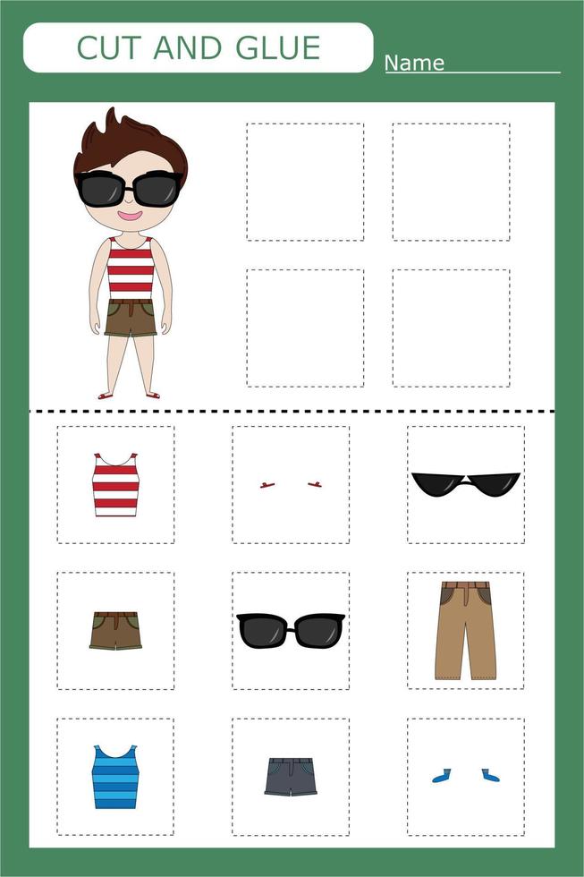 worksheet vector design, the task is to cut and paste the clothes from the sample. Logic game for children.