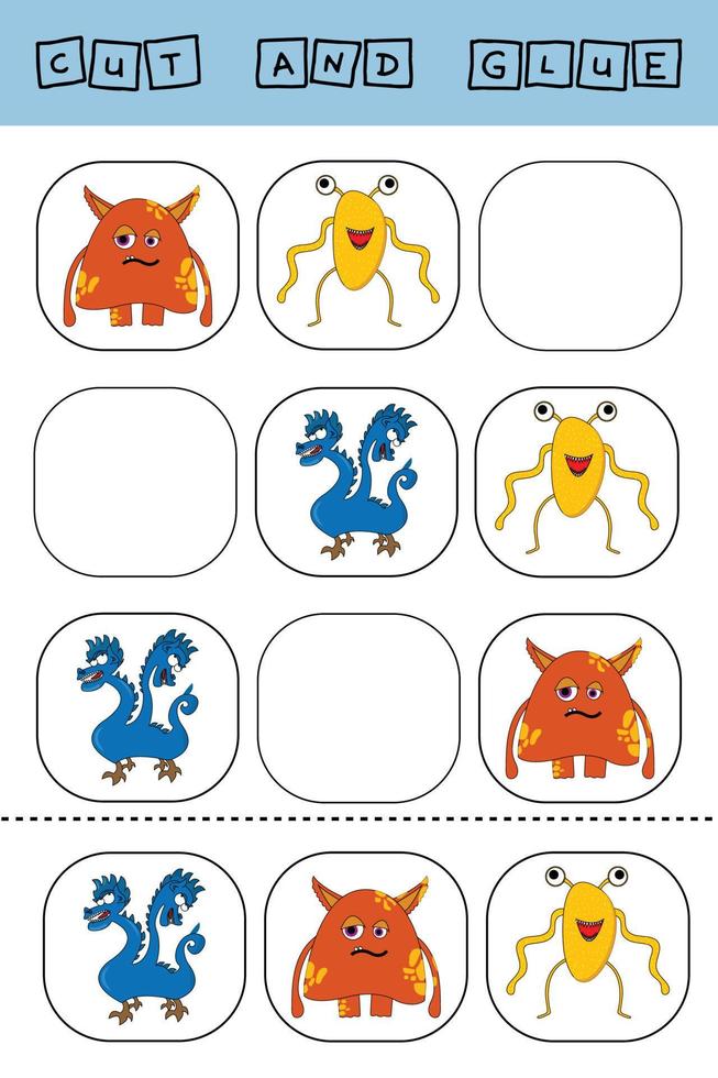 worksheet vector design, the task is to cut and glue a piece on colorful  monsters.  Logic game for children.