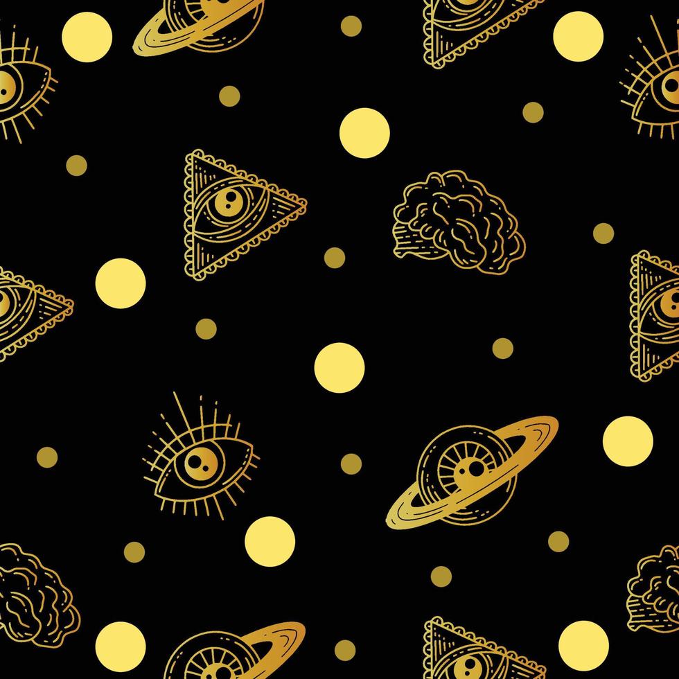 Set Seamless Pattern Gold Mystical Celestial Simple Minimalism Tattoo Symbol With Gold Circle Object Space Doodle Esoteric Elements Vintage Illustration Dark Black. vector