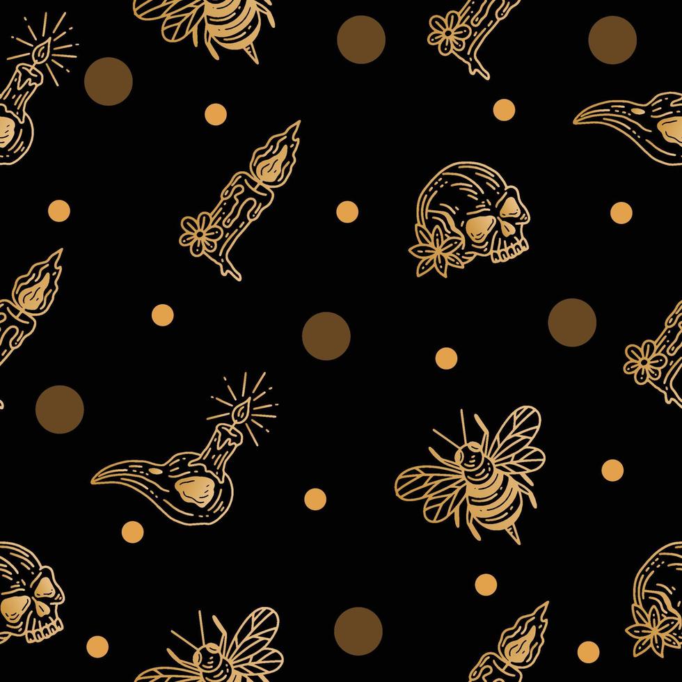 Set Seamless Pattern Mystical Celestial Simple Minimalism Tattoo Symbol With Gold Random Circle Object Space Doodle Esoteric Elements Vintage Illustration Dark Black. vector