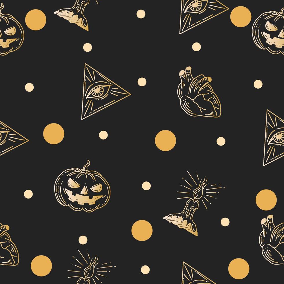 Set Seamless Pattern Gold Mystical Celestial Simple Minimalism Tattoo Symbol With Gold Random Circle Object Space Doodle Esoteric Elements Vintage Illustration Dark Gray. vector