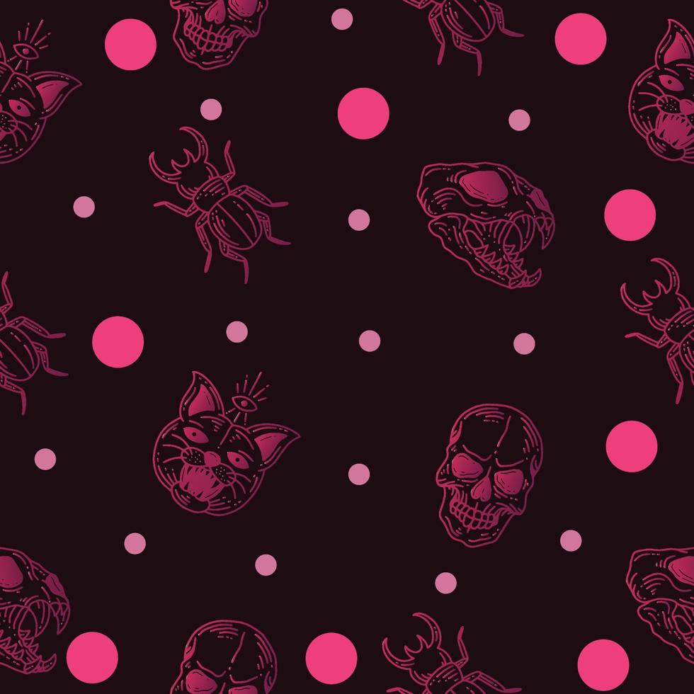 Set Seamless Pattern Pink Mystical Celestial Simple Minimalism Tattoo Symbol With Pink Circle Object Space Doodle Esoteric Elements Vintage Illustration Dark. vector