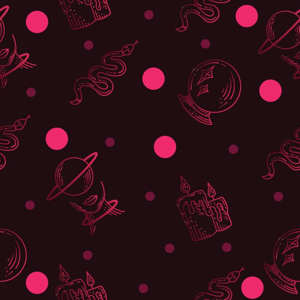 Set Seamless Pattern Pink Mystical Celestial Simple Minimalism Tattoo Symbol With Pink Circle Object Space Doodle Esoteric Elements Vintage Illustration Dark. vector