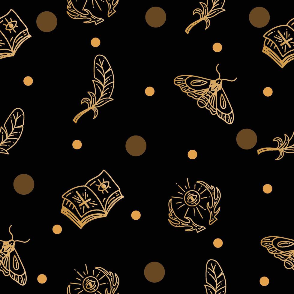 Set Seamless Pattern Mystical Celestial Simple Minimalism Tattoo Symbol With Gold Random Circle Object Space Doodle Esoteric Elements Vintage Illustration Dark Black. vector