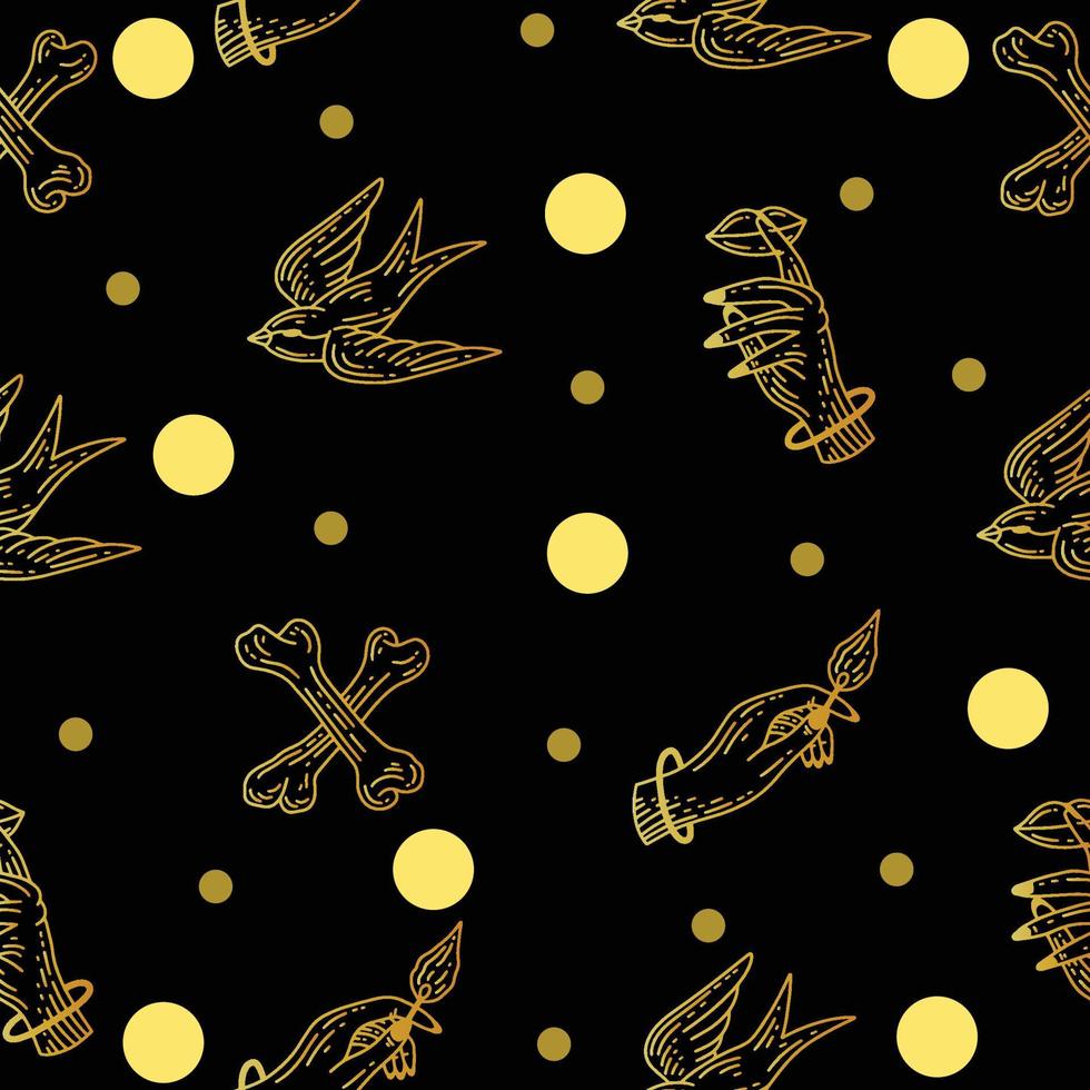 Set Seamless Pattern Gold Mystical Celestial Simple Minimalism Tattoo Symbol With Gold Circle Object Space Doodle Esoteric Elements Vintage Illustration Dark Black. vector