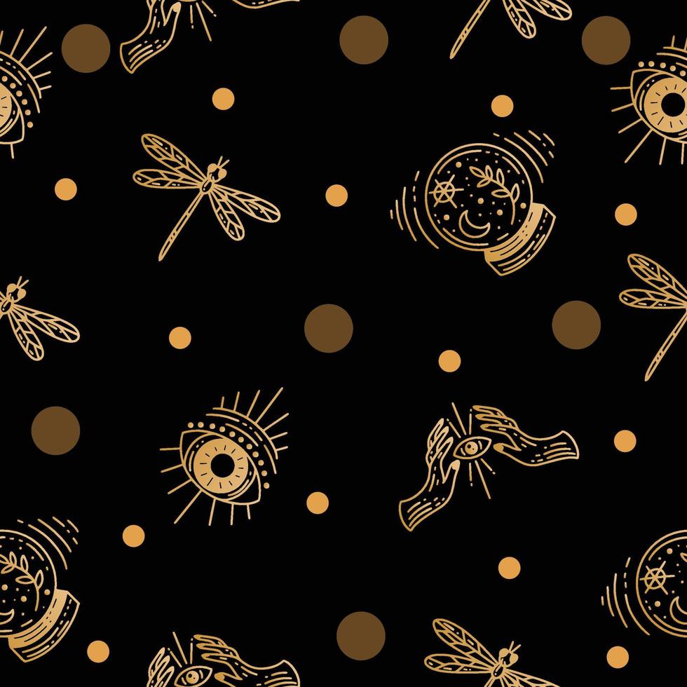 Set Seamless Pattern Mystical Celestial Simple Minimalism Tattoo Symbol With Gold Random Circle Object Space Doodle Esoteric Elements Vintage Illustration Dark Black. vector