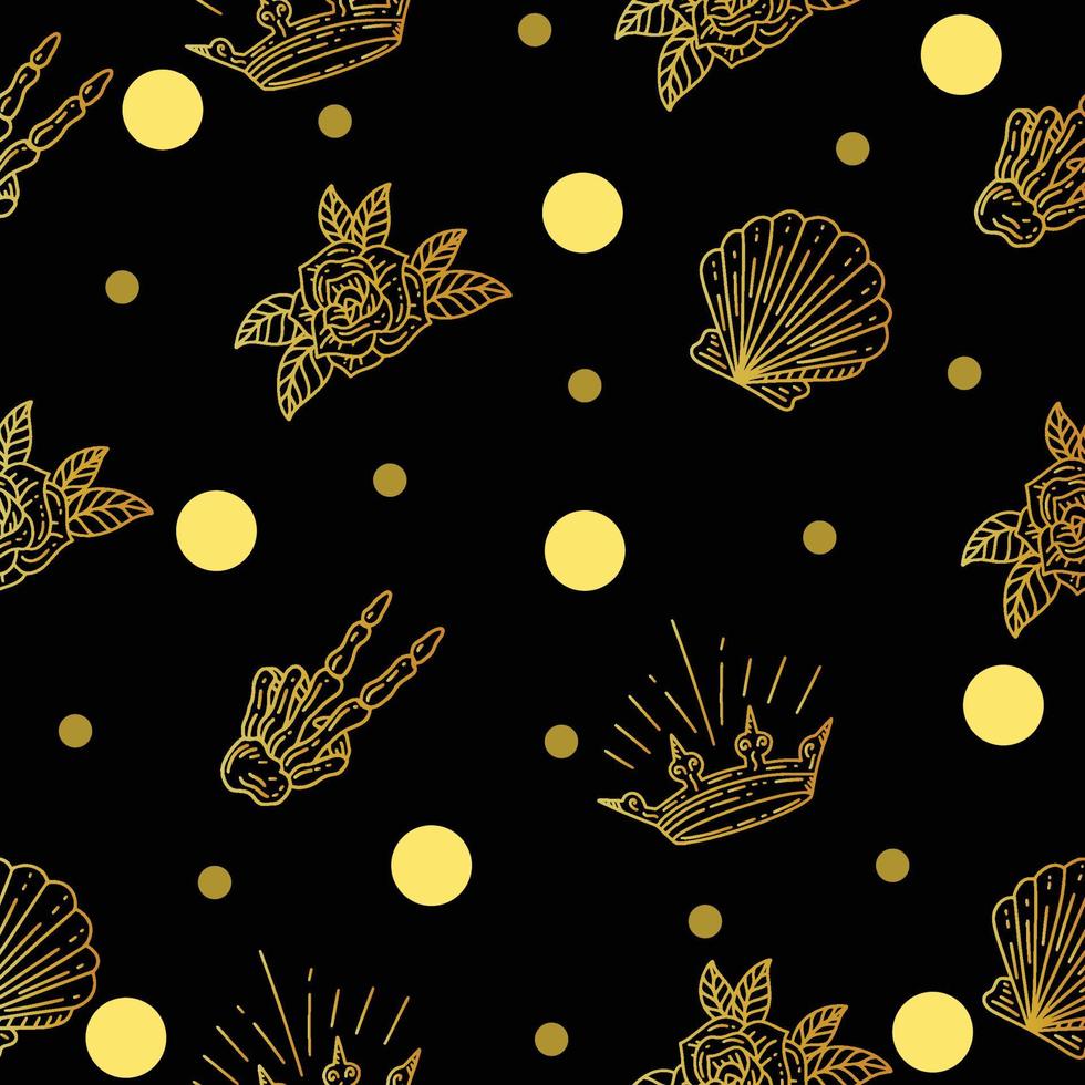 Set Seamless Pattern Gold Mystical Celestial Simple Minimalism Tattoo Symbol With Gold Circle Object Space Doodle Esoteric Elements Vintage Illustration Dark Black. vector