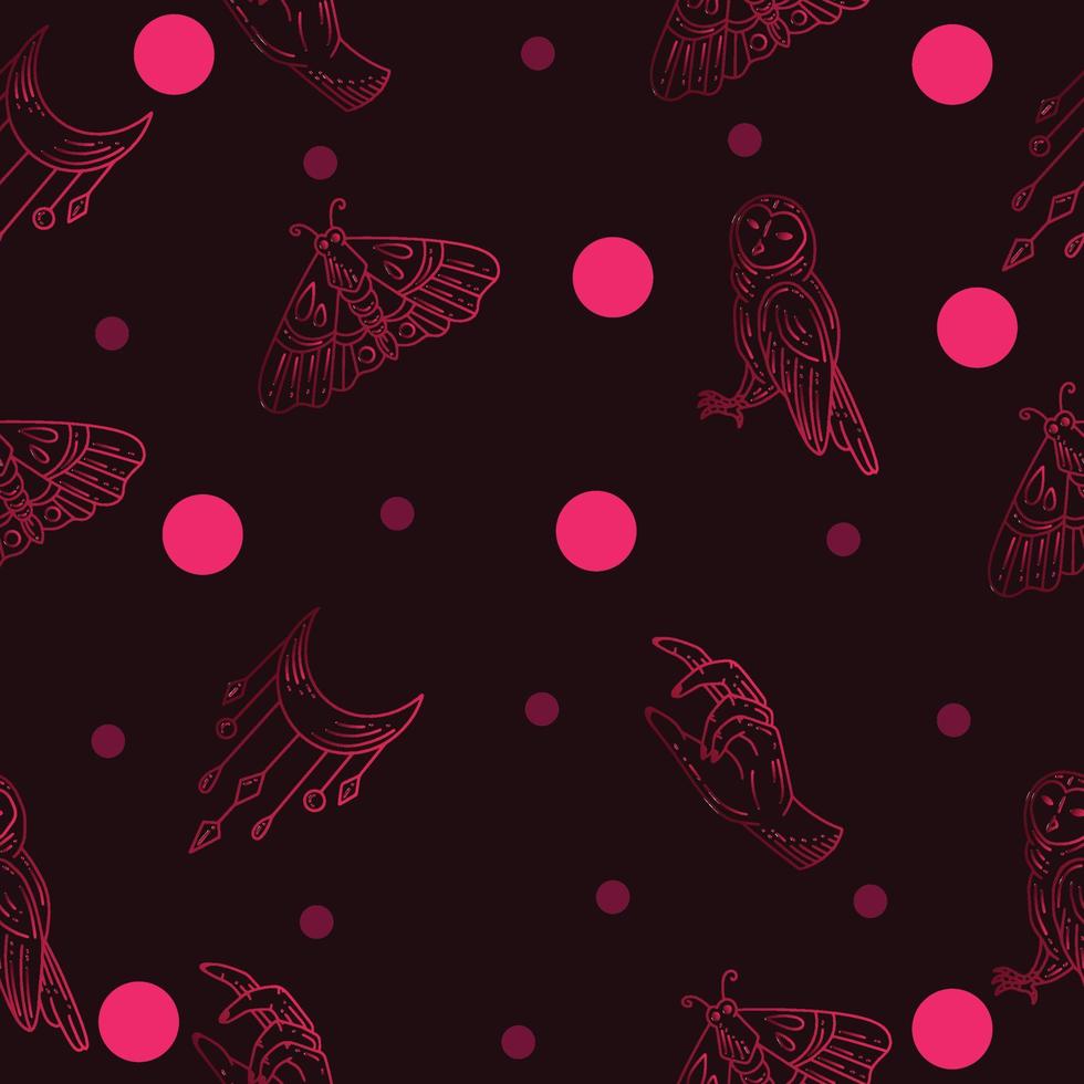 Set Seamless Pattern Pink Mystical Celestial Simple Minimalism Tattoo Symbol With Pink Circle Object Space Doodle Esoteric Elements Vintage Illustration Dark. vector