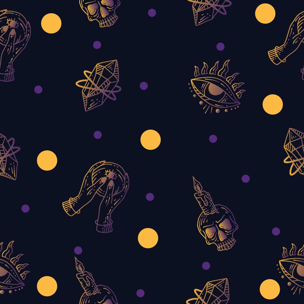 Set Seamless Pattern Gradient Yellow and Purple Mystical Celestial Simple Minimalism Tattoo Symbol With Yellow Circle Object Space Doodle Esoteric Elements Vintage Illustration Dark Purple. vector