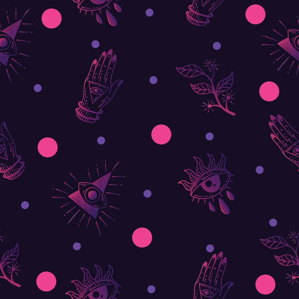 Set Seamless Pattern Purple Mystical Celestial Simple Minimalism Tattoo Symbol With Pink Circle Object Space Doodle Esoteric Elements Vintage Illustration Dark Purple. vector