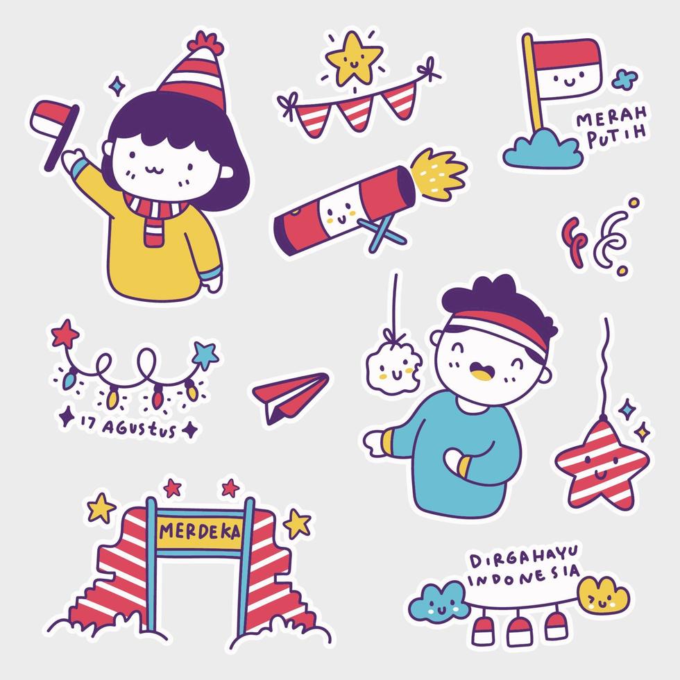 Sticker Set Indonesia Independence Day in Doodle Style, Merdeka is Independence, Merah Putih is Red White, Dirgahayu is Celebration, Agustus is August vector