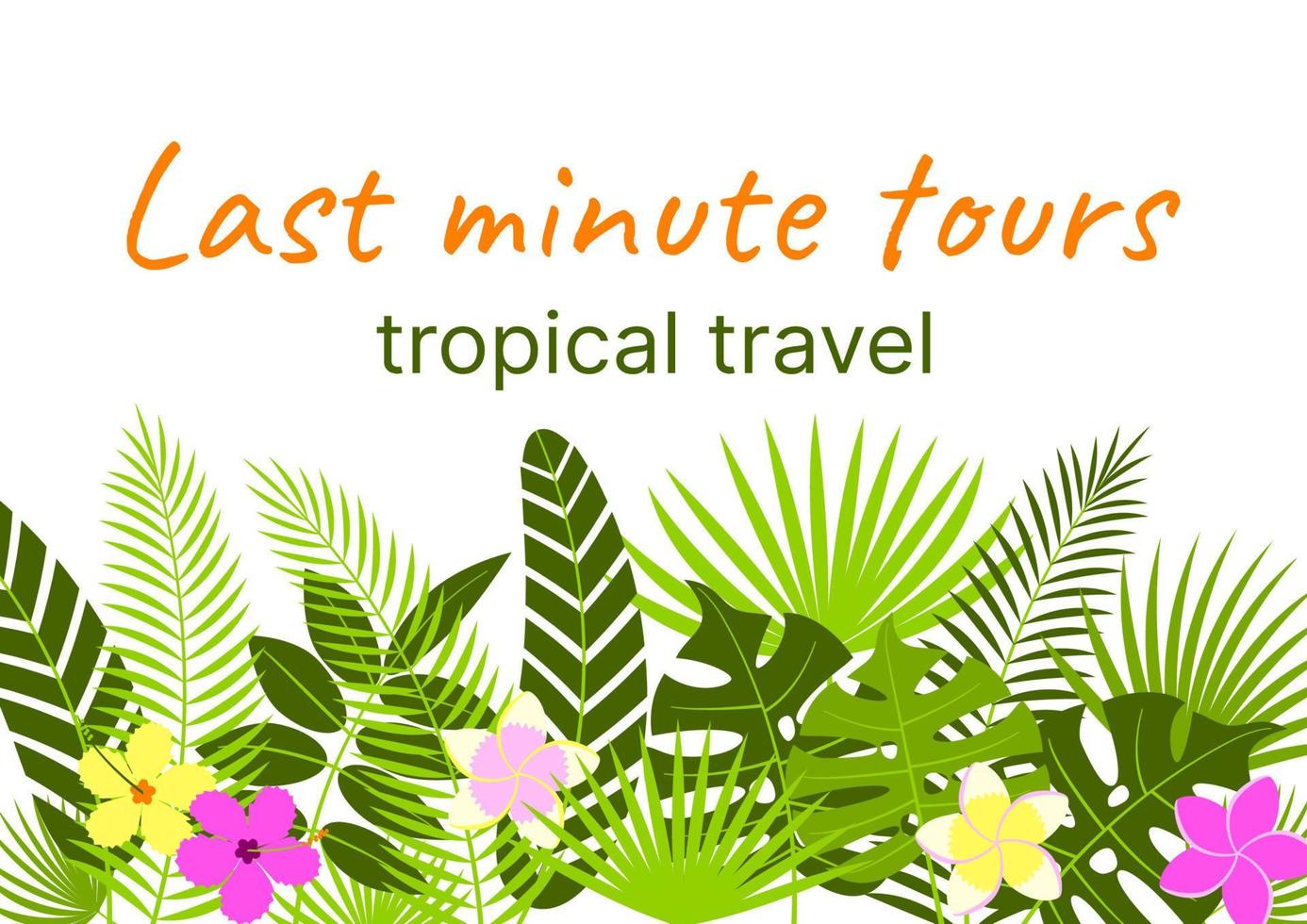 banner tropical con hojas de monstera, plátano y palma, plumeria y fondo de flores de hibisco vector