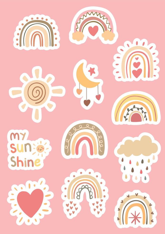 cute rainbow stickers boho illustration vector