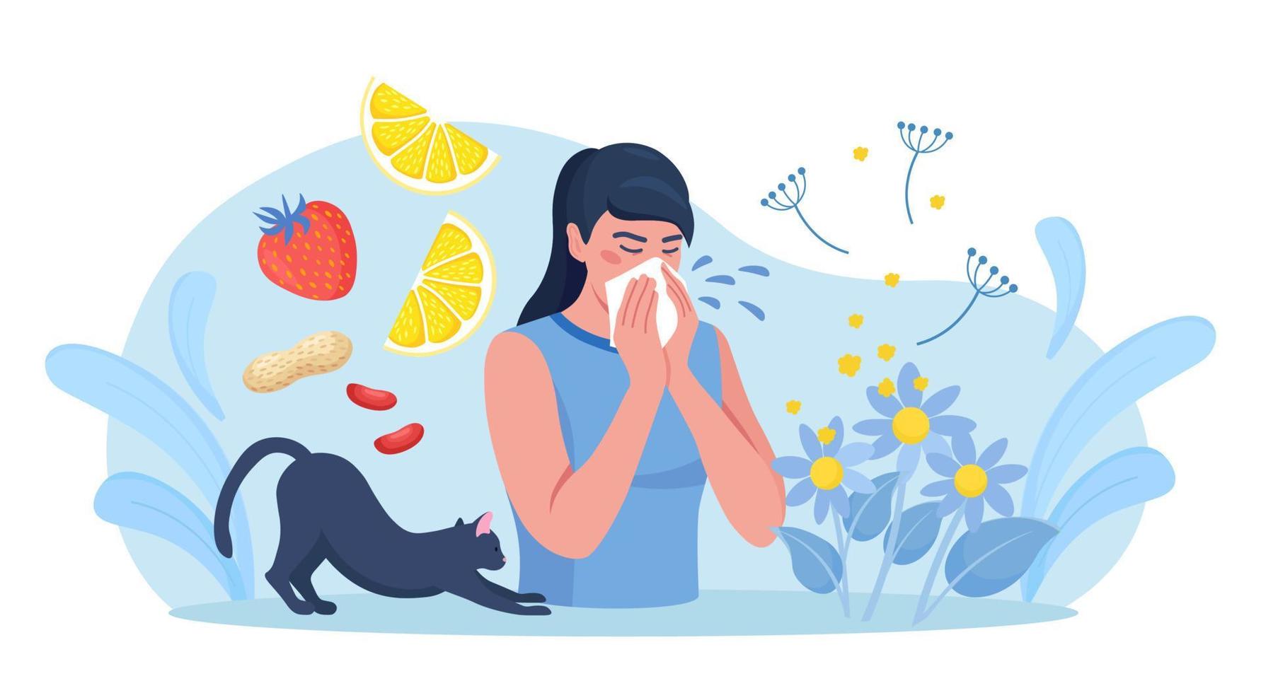 Woman with allergy from pollen, cat fur, citrus, peanuts or berry. Runny nose and watery eyes. Seasonal disease. Causes of allergy. Illness with cough, cold and sneeze symptoms vector