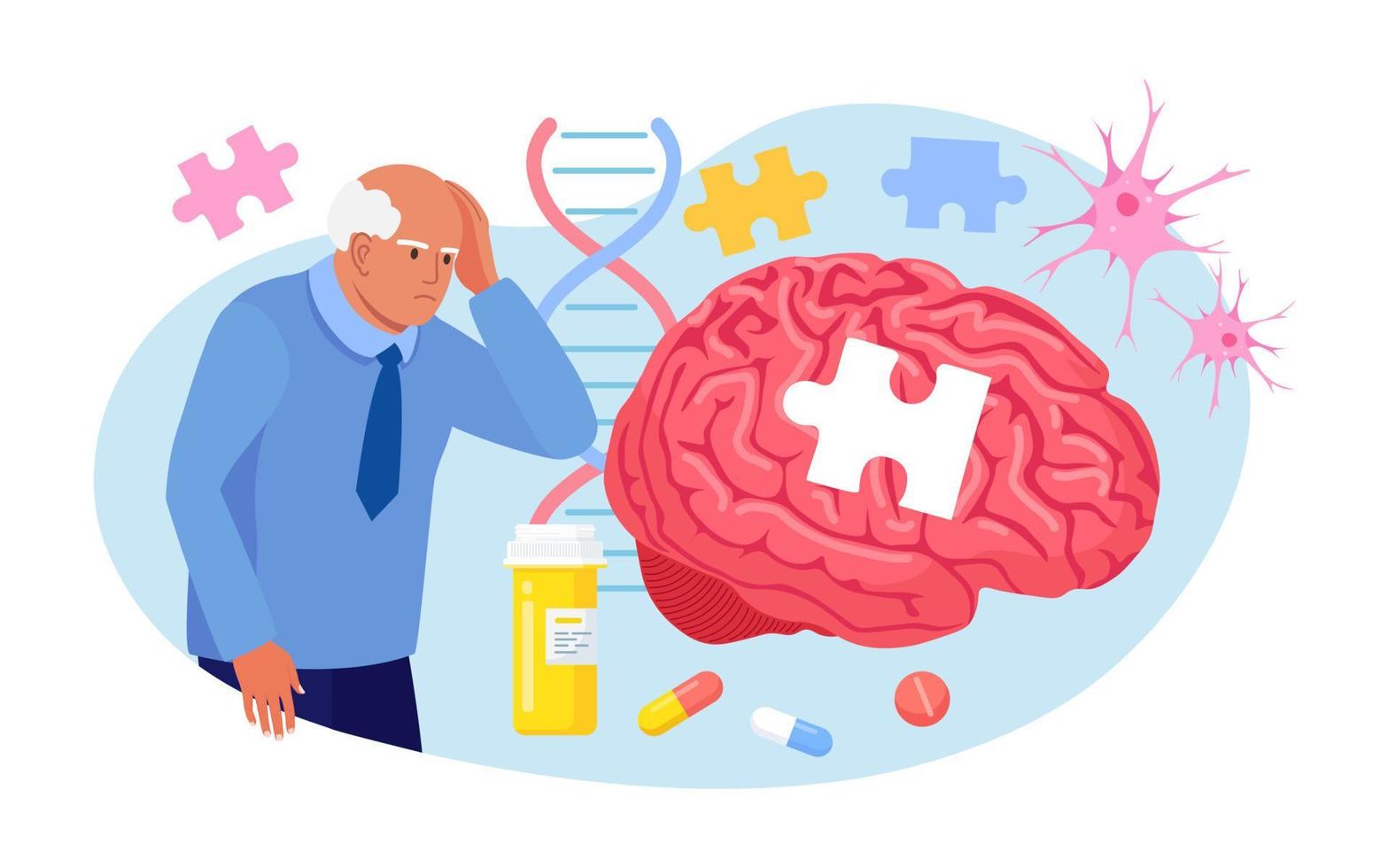 Senior patient hold his head and suffering from Alzheimer's disease, amnesia. Memory loss, brain illness treatment. Alzheimer disease, dementia, dotage concept. Neurology therapy, mental illness vector