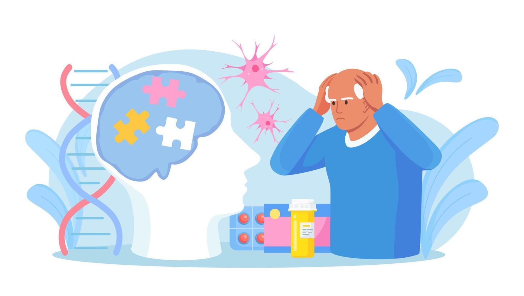 Senior patient hold his head and suffering from Alzheimer's disease