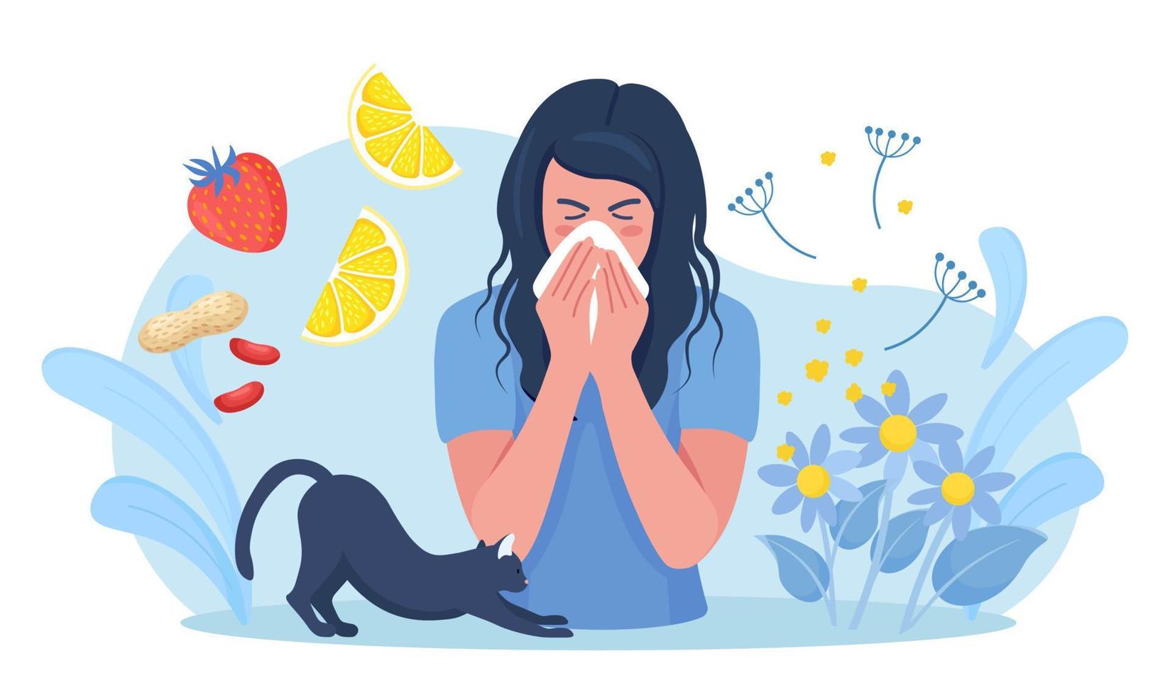 Woman with allergy from pollen, cat fur, citrus, peanuts or berry. Runny nose and watery eyes. Seasonal disease. Causes of allergy. Illness with cough, cold and sneeze symptoms vector