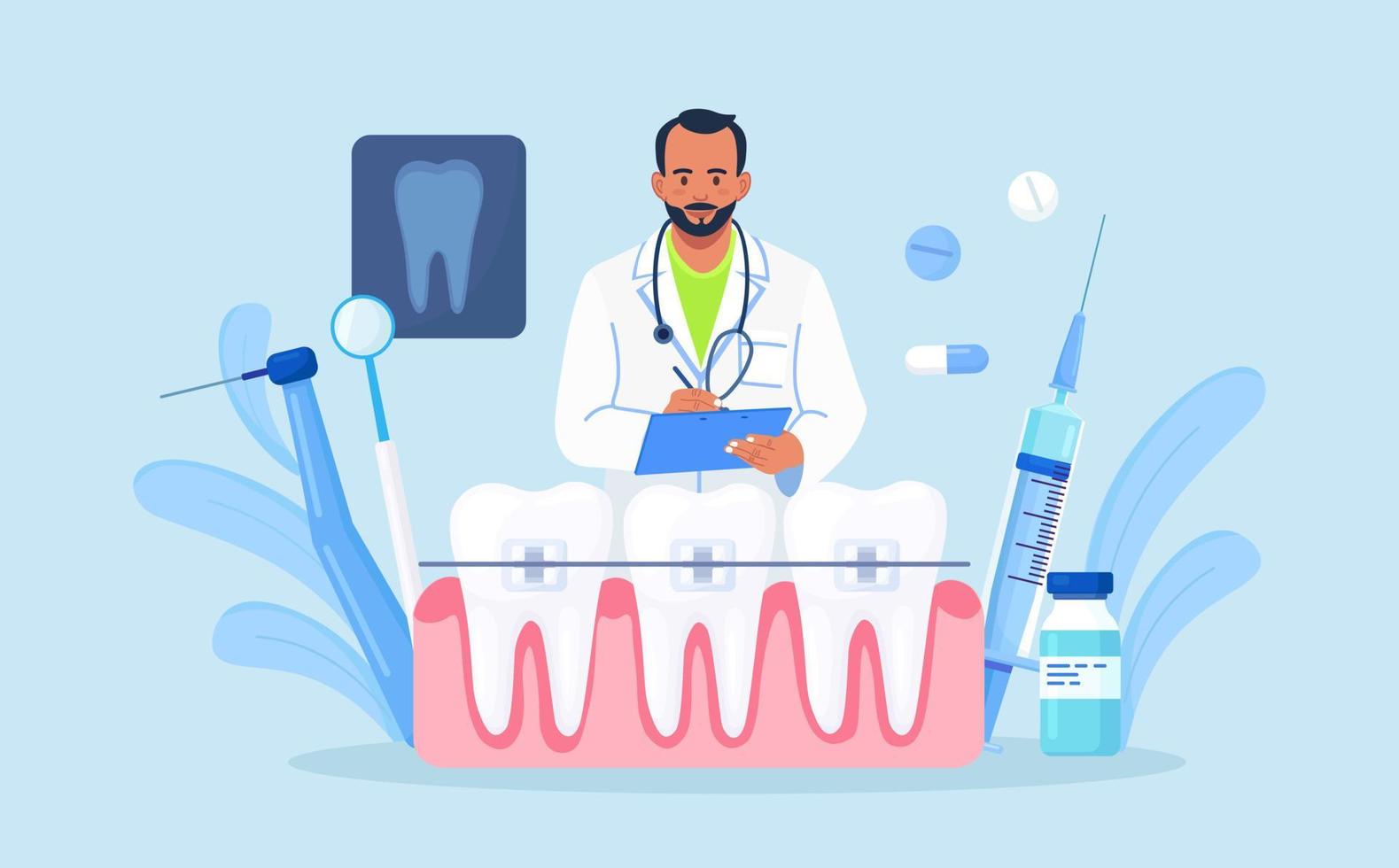 Orthodontist installs dental braces for straightening. Tiny Dentist doctor research X-ray picture of tooth. Dentistry, braces installation, teeth alignment. Prosthetics, Orthodontic treatment vector