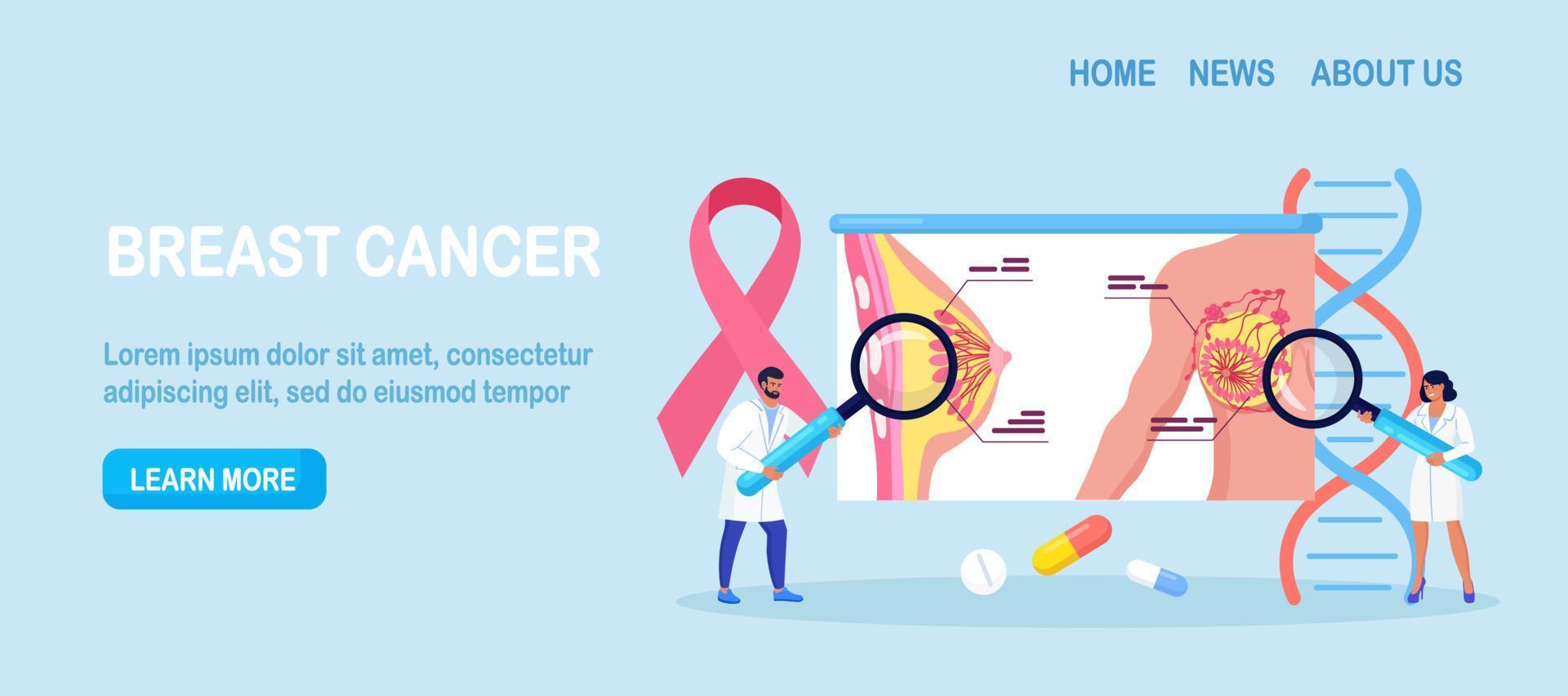 Breast screening and mammography, diagnostic of oncology. Mammologist doctor diagnose breast cancer with magnify. Pink ribbon. Healthcare and medical examination vector
