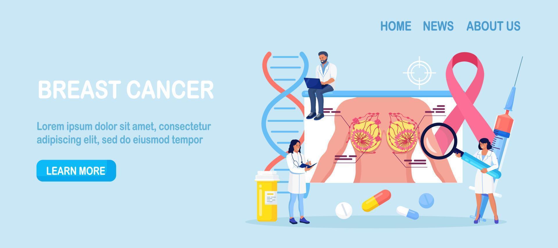 cáncer de mama. pequeños médicos mammólogos examinan a una paciente con lupa para tratar el cáncer. ultrasonido mamario y mamografía, diagnóstico de oncología. examen en la clínica, diagnóstico médico vector