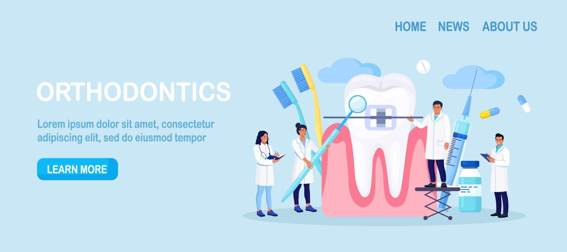 médicos que instalan frenos en la clínica de ortodoncia. médico dental en uniforme que trata los dientes humanos con aparatos ortopédicos. prótesis y cuidados dentales. tratamiento de ortodoncia y odontologia estetica vector