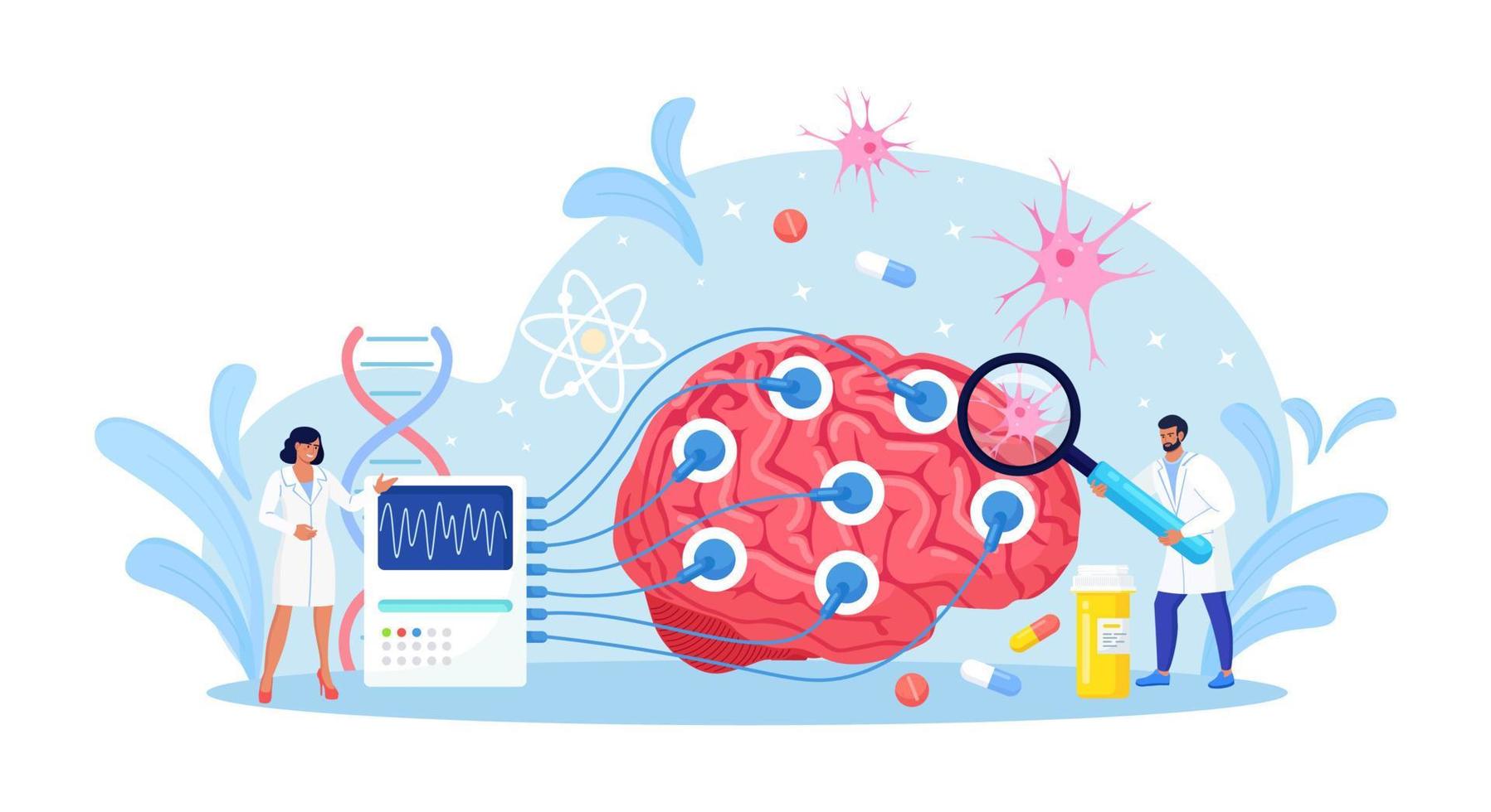 Doctor neurologist, neuroscientist, physician study brain connected to display with EEG indication. Neurology, neuroscience, electroencephalography concept. vector