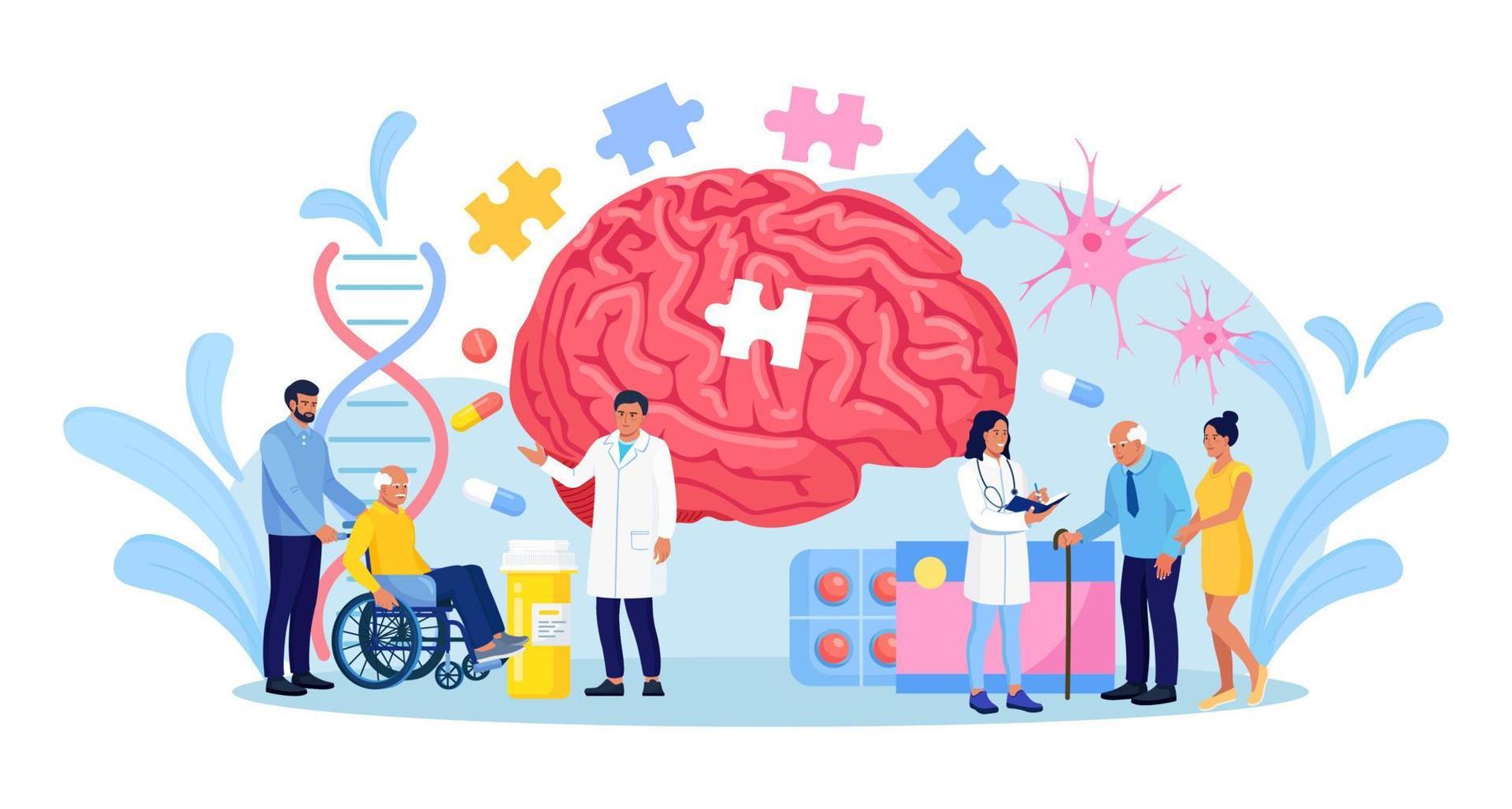 médico que ayuda a pacientes mayores con enfermedad de alzheimer. concepto de atención y asistencia para personas mayores. destrozando el cerebro humano, la pérdida de memoria y los problemas mentales. terapia de neurología vector