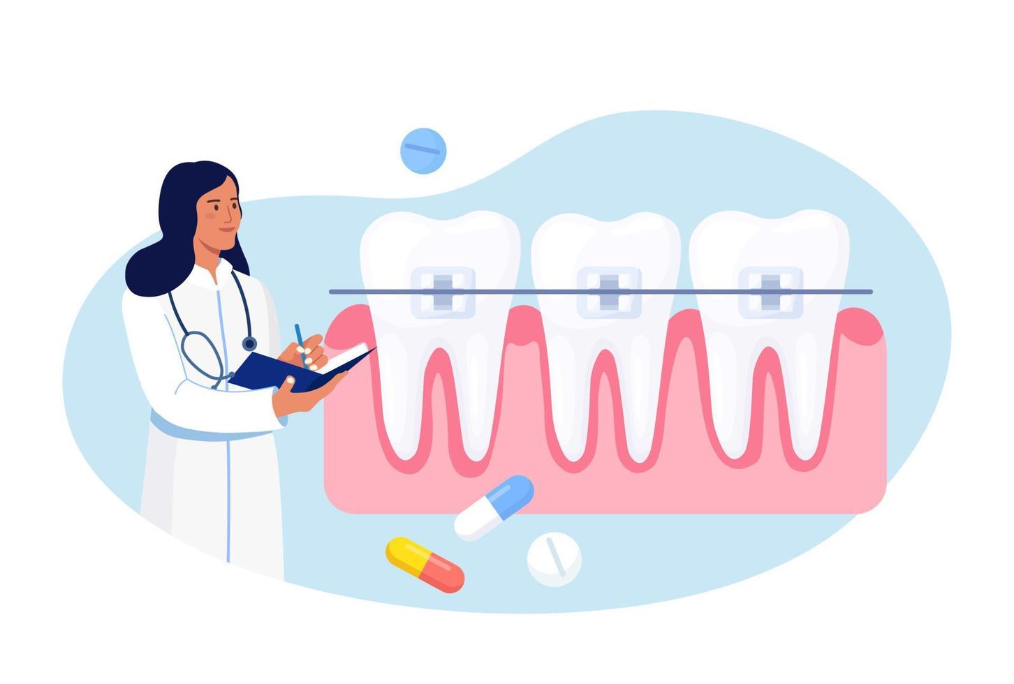 médicos que instalan frenos en la clínica de ortodoncia. médico dental en uniforme que trata los dientes humanos con aparatos ortopédicos. prótesis y cuidados dentales. tratamiento de ortodoncia y odontologia estetica vector