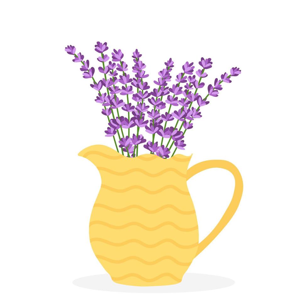 Lavender flowers in a yellow vase. Vector illustration isolated on white background