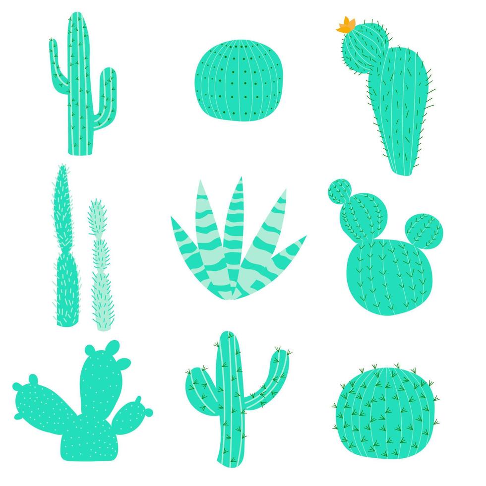 Set of vector illustrations with flat cactus bright colors. Cacti with flowers. Lovely houseplants