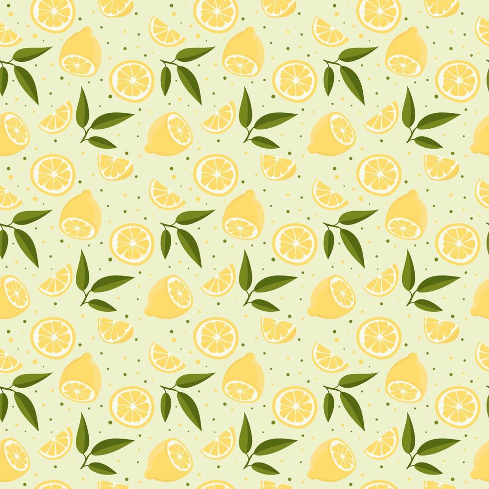 Vector seamless pattern with lemons and leaves. On a green background