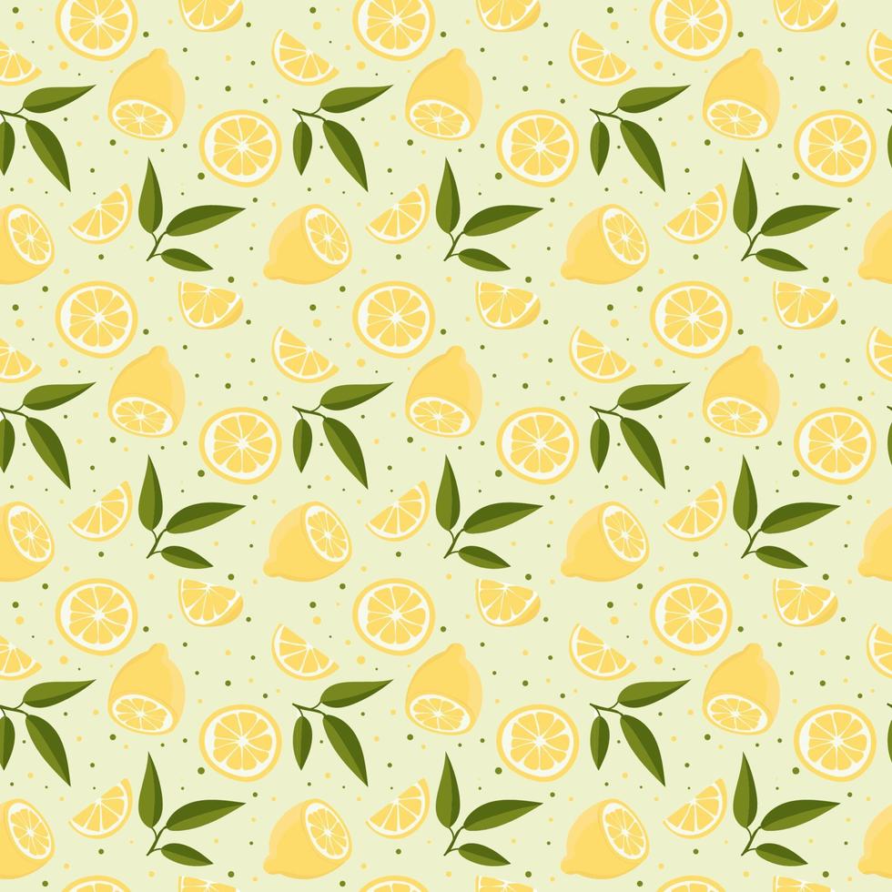 Vector seamless pattern with lemons and leaves. On a green background