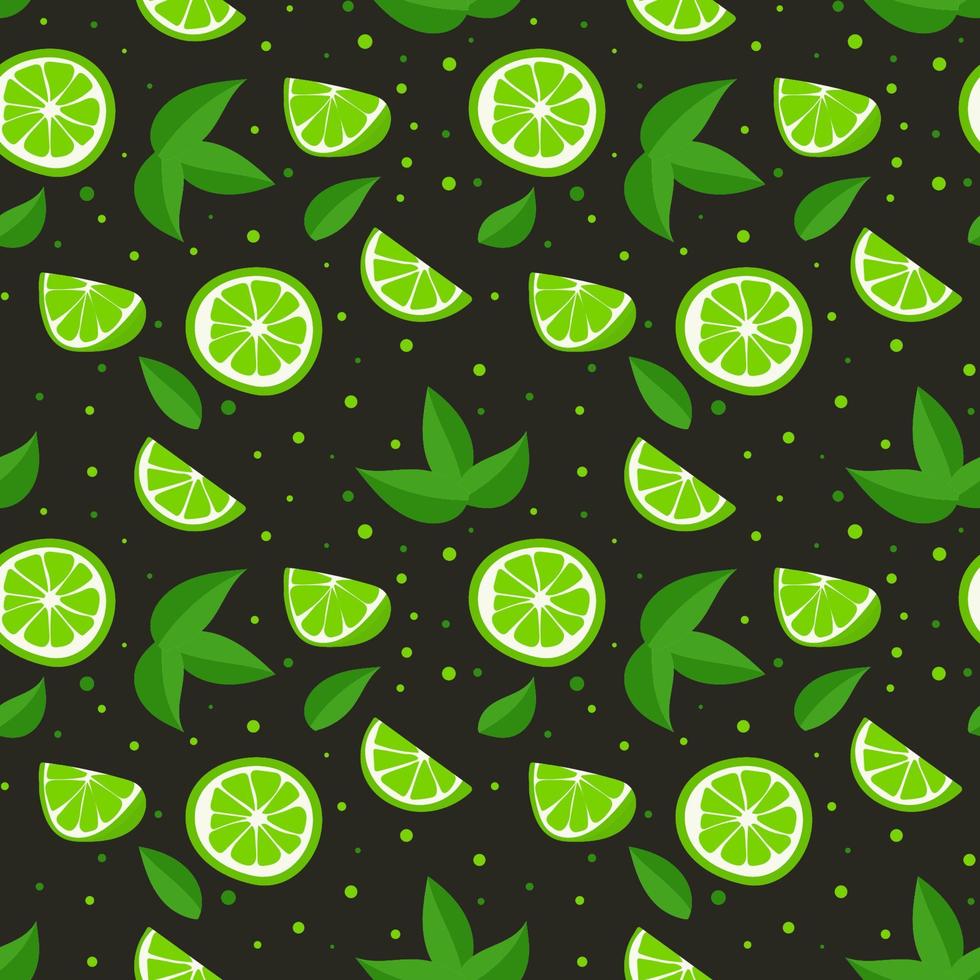Lime with green leaves, citrus slice on black background. Seamless pattern tropical pattern vector