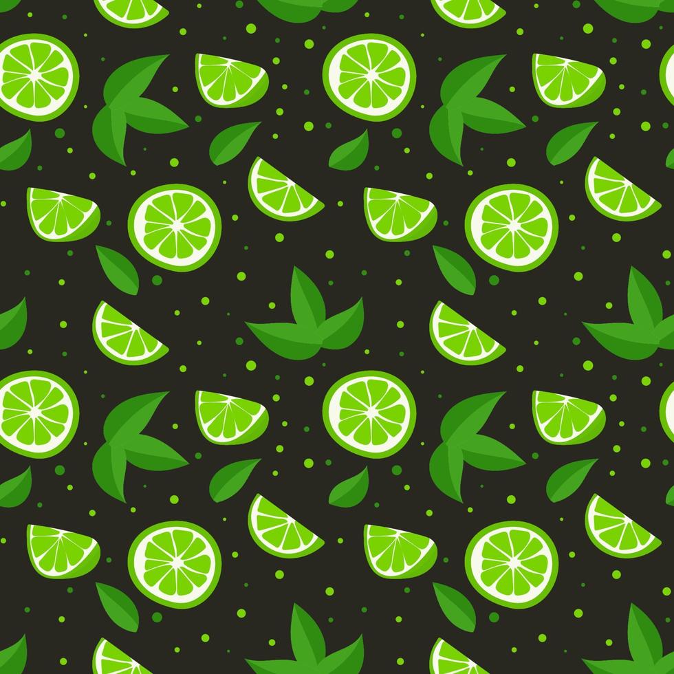 Lime with green leaves, citrus slice on black background. Seamless pattern tropical pattern vector