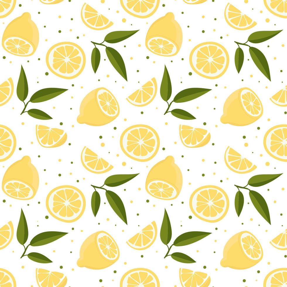 Vector seamless pattern with lemons and leaves. On a white background