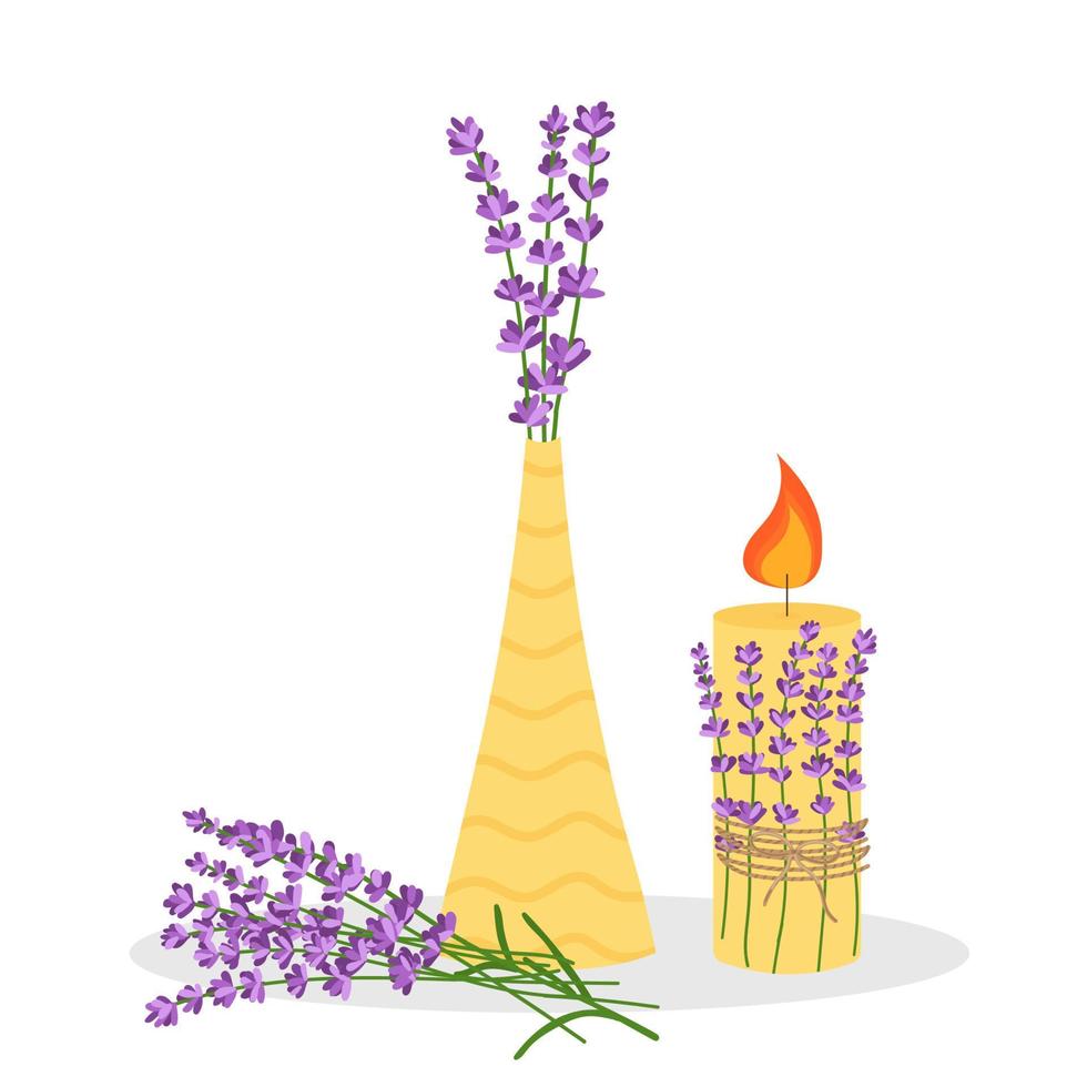 Lavender flowers in a yellow vase with a candle. Vector illustration isolated on white background