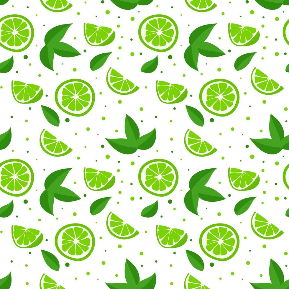 Lime with green leaves, citrus slice on white background. Seamless pattern. tropical pattern vector