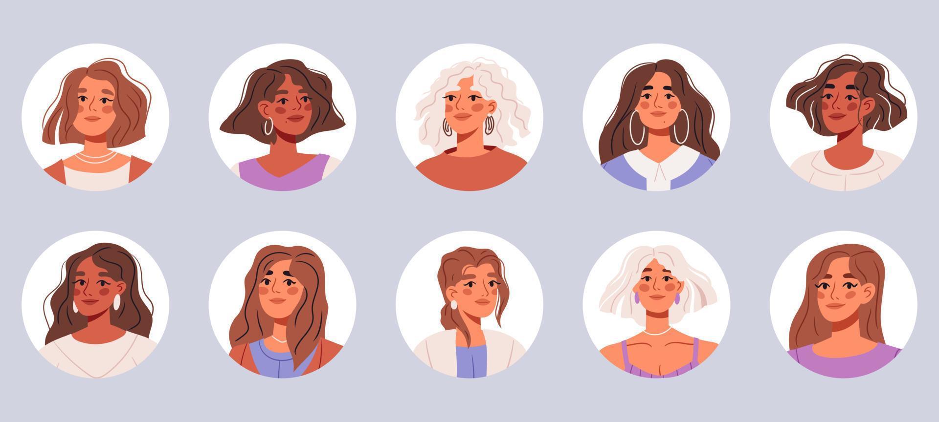 paquete de diferentes retratos de personas. conjunto de avatares de mujer feliz. diferentes perfiles de cara redonda con personas multirraciales. paquete de avatares femeninos. ilustraciones de vectores planos