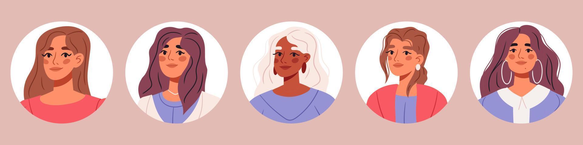 Trendy women avatars. Diverse women faces. Different round face profiles with multiracial persons. Women portraits collection. Flat vector illustrations