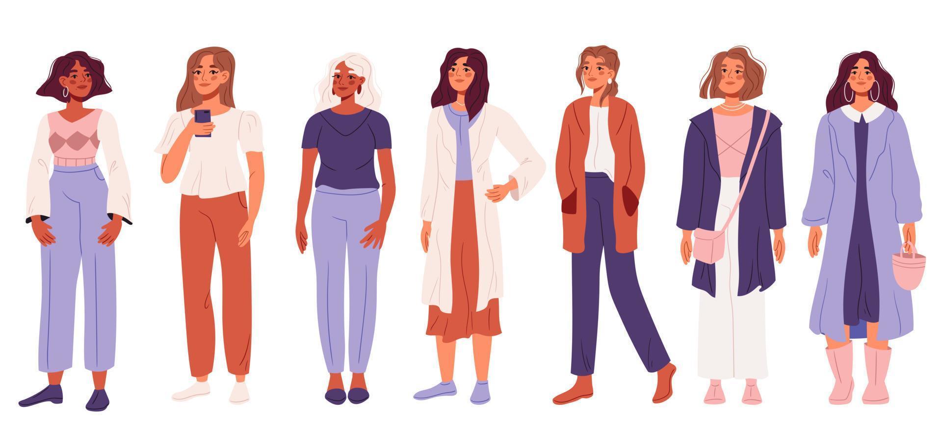 conjunto de mujeres en ropa de otoño de moda. conjunto de personas elegantes con diferentes personas multirraciales. ilustraciones de vectores planos