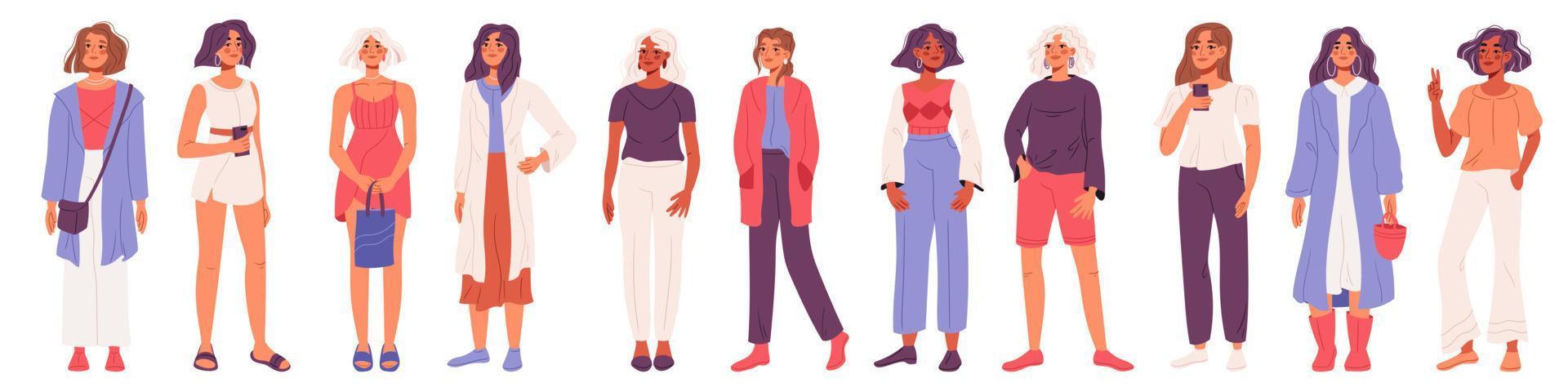 conjunto de personas con estilo en trajes casuales de moda con accesorios y bolsos. trajes de moda para mujeres con diferentes personas multirraciales. ilustraciones vectoriales planas vector