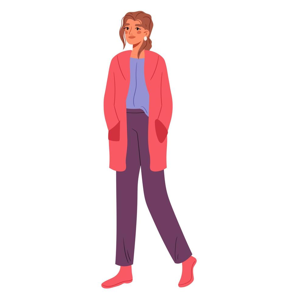 Woman wearing casual fashion clothes. Model in trendy autumn apparel. Female in modern pants, cardigan. Flat vector illustrations