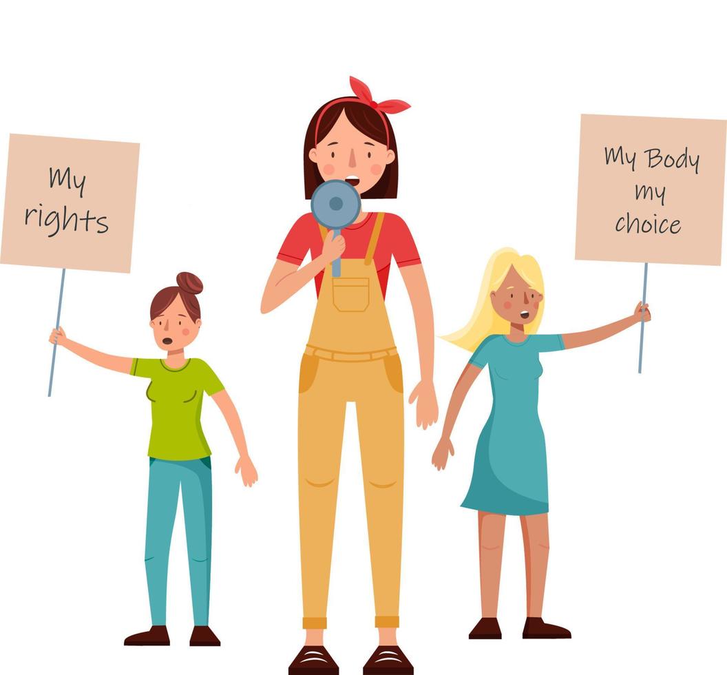 Girls in protest, for their rights over abortion. They have banners my body my choice, my rights vector