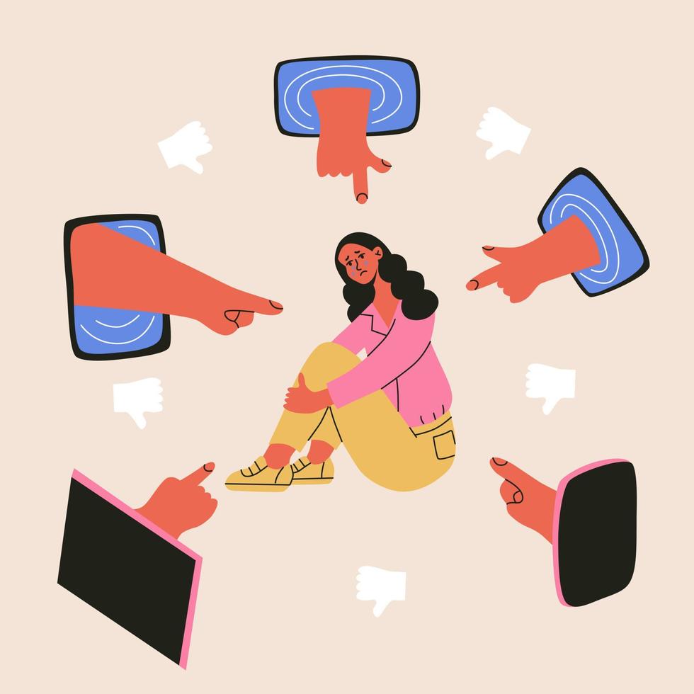 Cyber bullying and online abuse concepts. Upset. shame and crying woman take haters messages and dislike in social media. Flat vector illustration of internet problems, victim of mass media.
