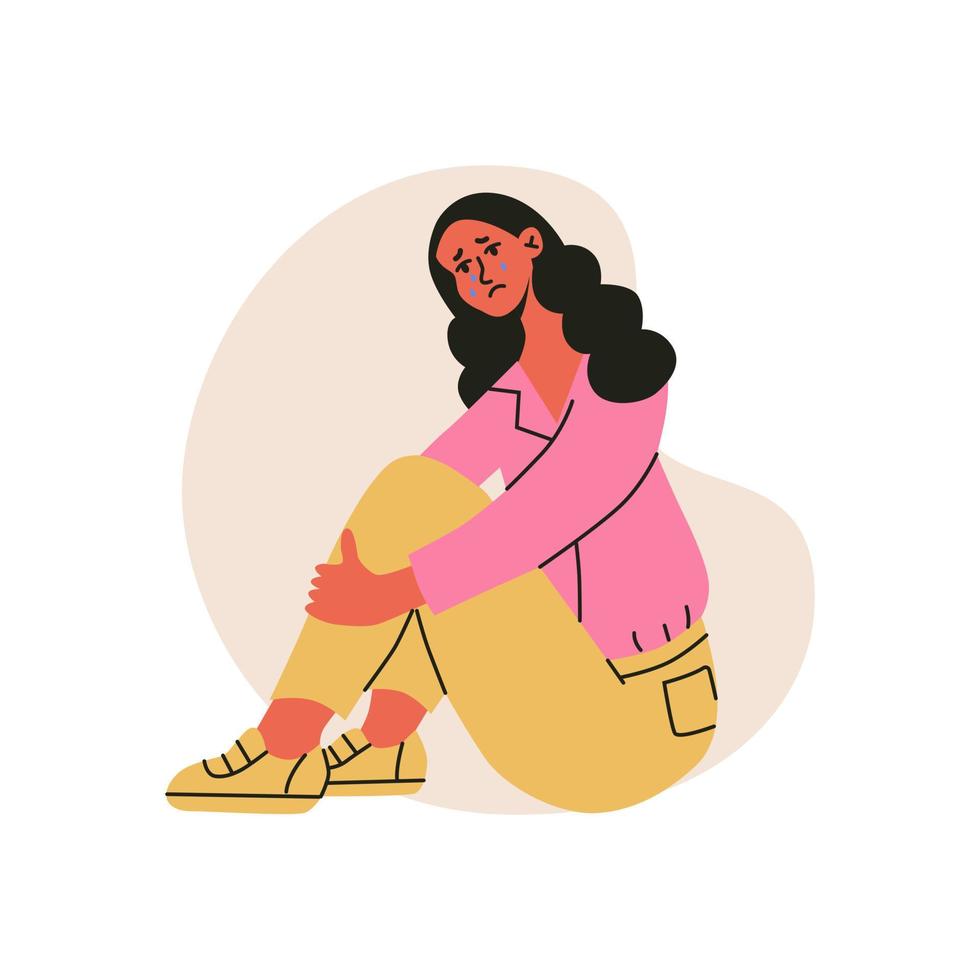 Sad crying woman, sitting and hugging her knees. Flat vector illustration in trendy colors, isolated on a white background.