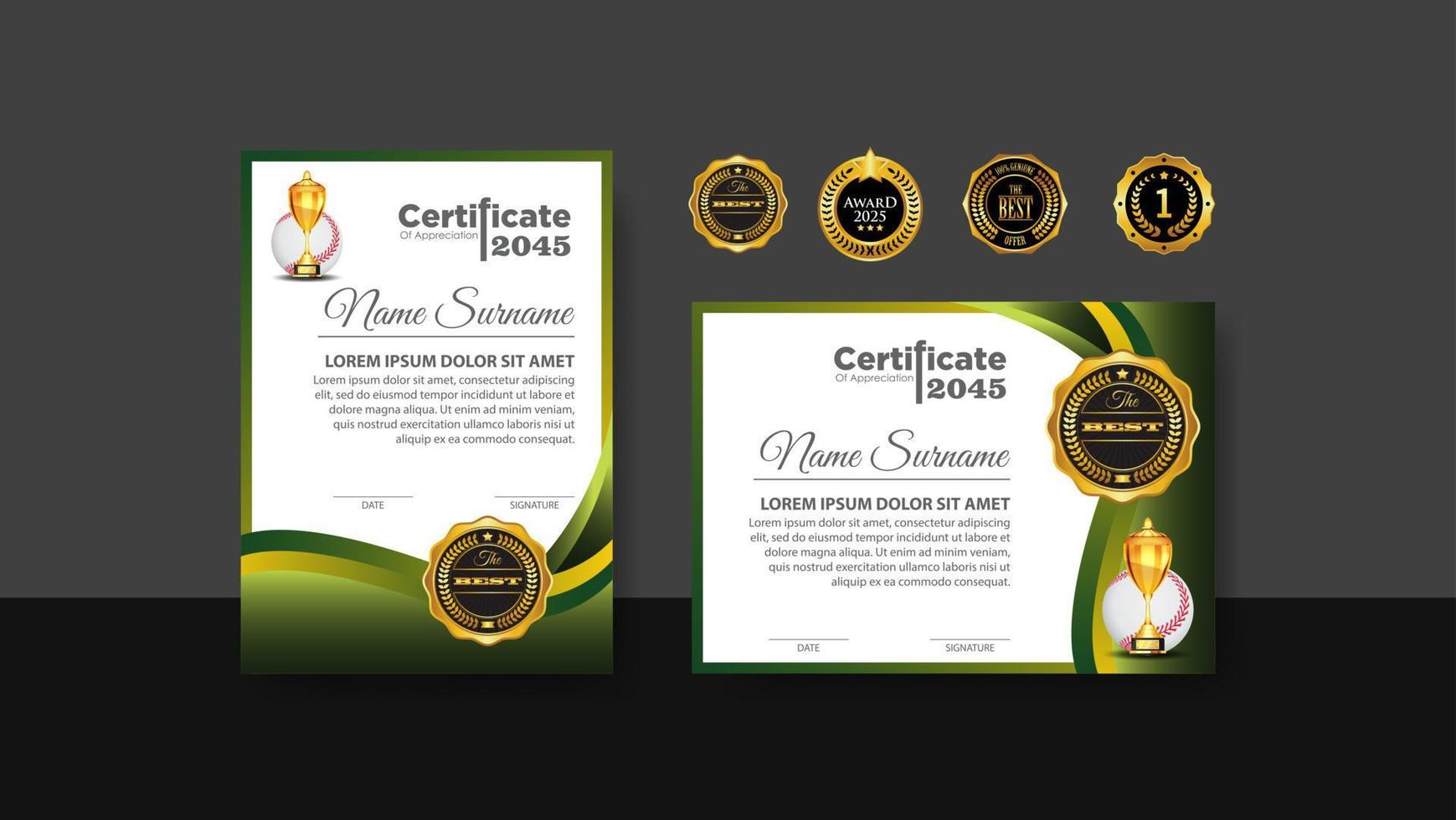Baseball Certificate Design With Gold Cup Set Vector. baseball. Sports Award Template. Achievement Design. Graduation. Winner document. Winner's Cup vector