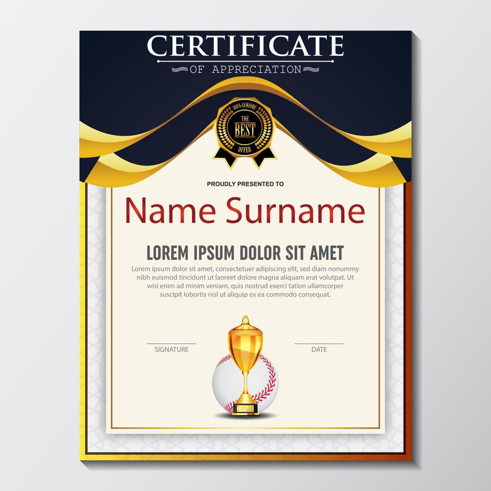 Baseball Certificate Design With Gold Cup Set Vector. baseball. Sports Award Template. Achievement Design. Graduation. Winner document. Winner's Cup vector