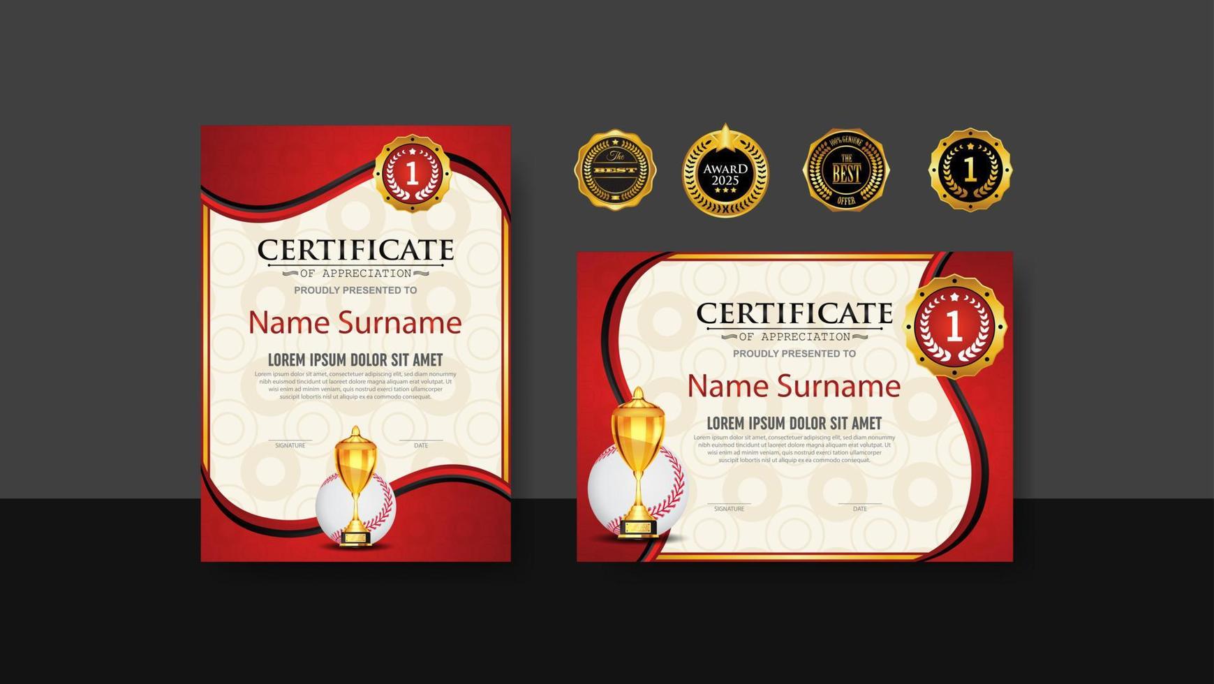 Baseball Certificate Design With Gold Cup Set Vector. baseball. Sports Award Template. Achievement Design. Graduation. Winner document. Winner's Cup vector
