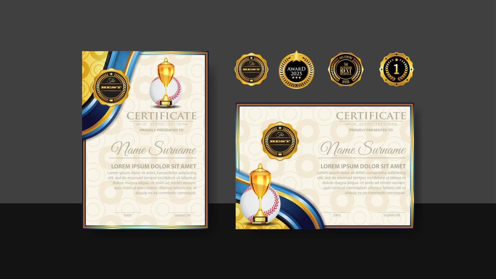 Baseball Certificate Design With Gold Cup Set Vector. baseball. Sports Award Template. Achievement Design. Graduation. Winner document. Winner's Cup vector