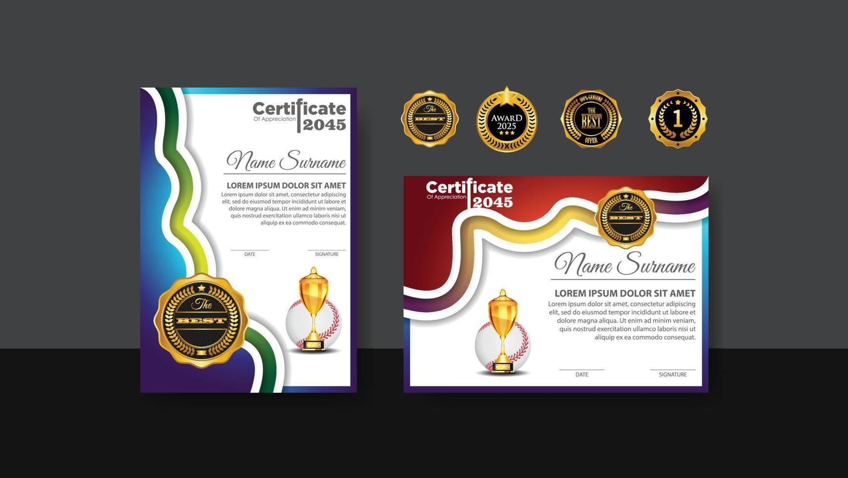 Baseball Certificate Design With Gold Cup Set Vector. baseball. Sports Award Template. Achievement Design. Graduation. Winner document. Winner's Cup vector